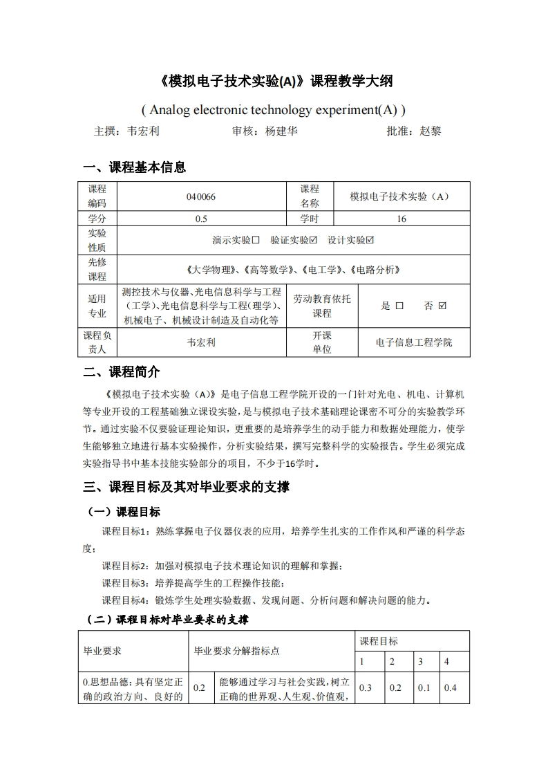 040066模拟电子技术实验(A)教学大纲2021版