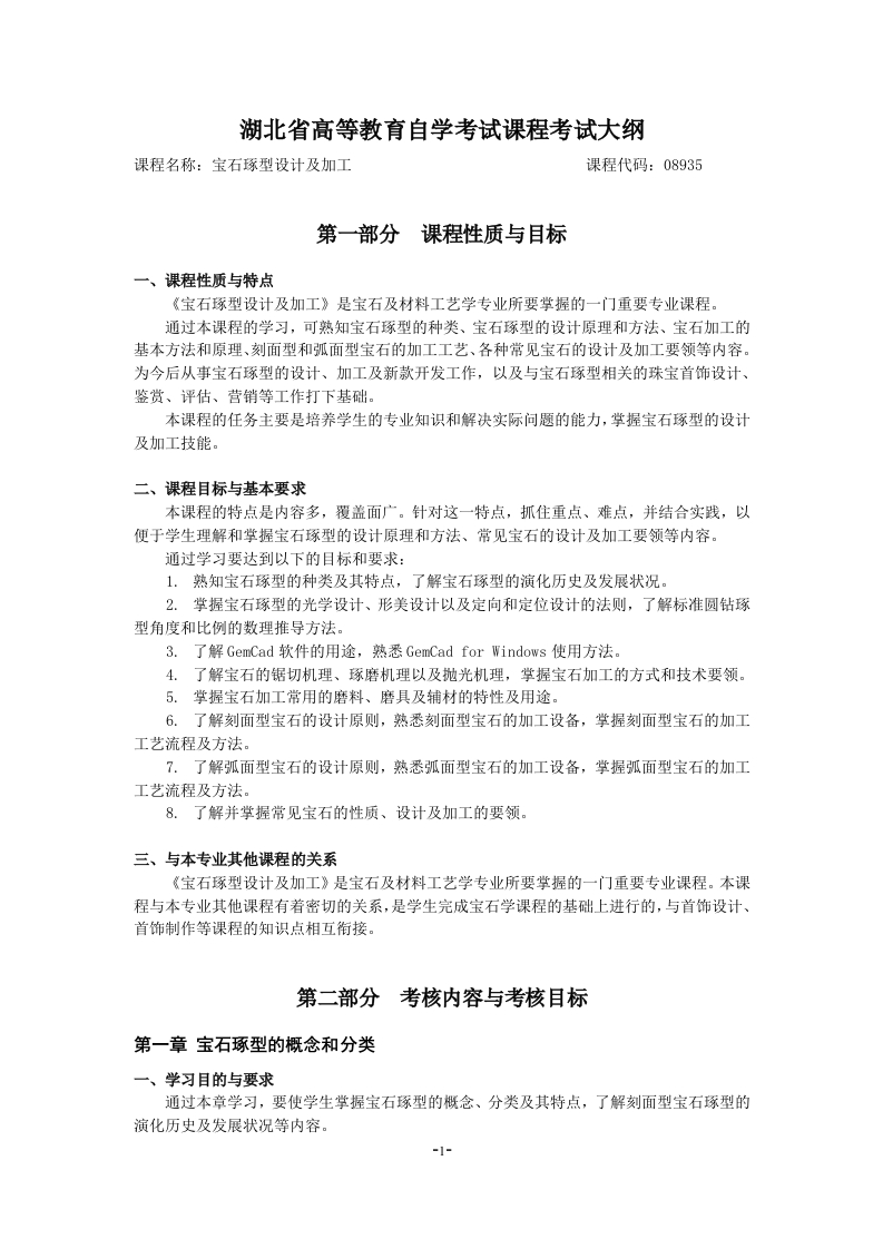 08935珠宝琢型设计及加工课程考试大纲