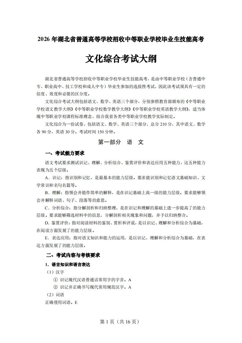 112026年湖北省技能高考文化综合考试大纲语文、数学、英语