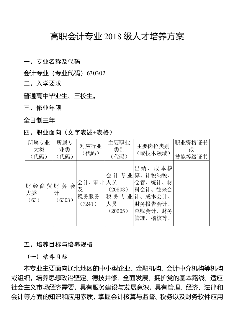 18级会计专业专业人才培养方案