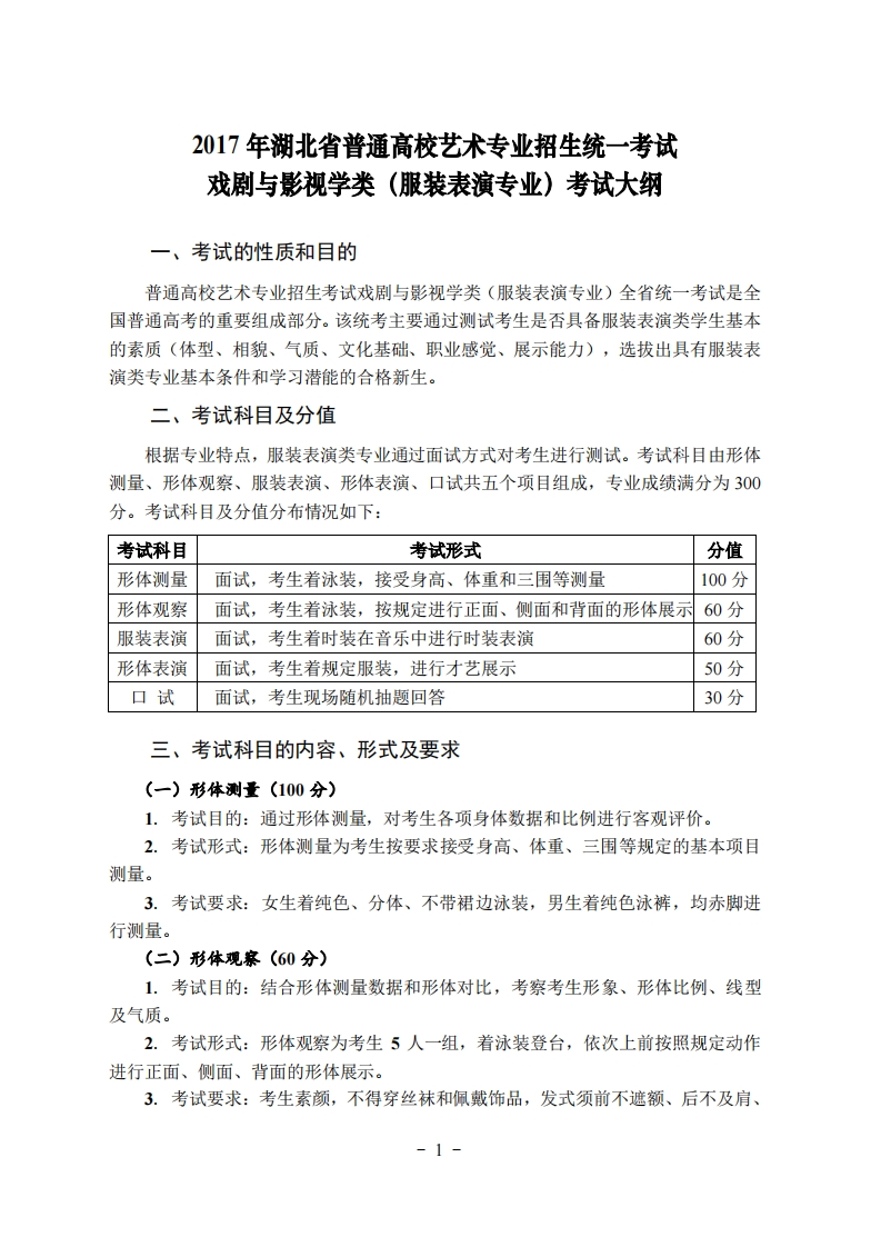 2017年湖北省艺术统考服装表演专业考试大纲