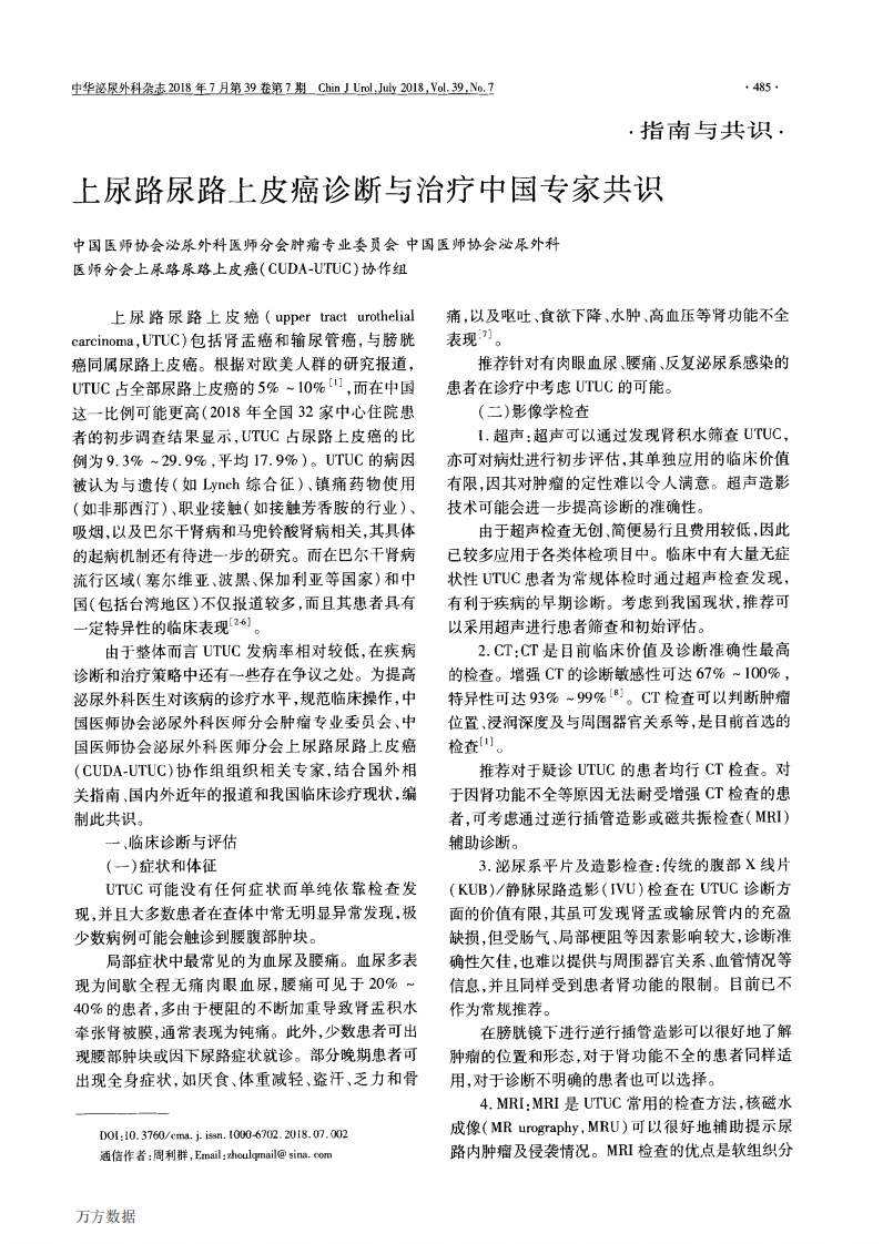 2018上尿路尿路上皮癌诊断与治疗中国专家共识