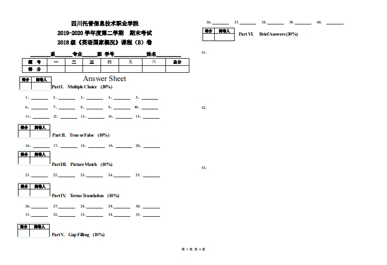 2019-2020学年第2学期18级商务英语专业《英语国家概况》期末考试B卷-田甜