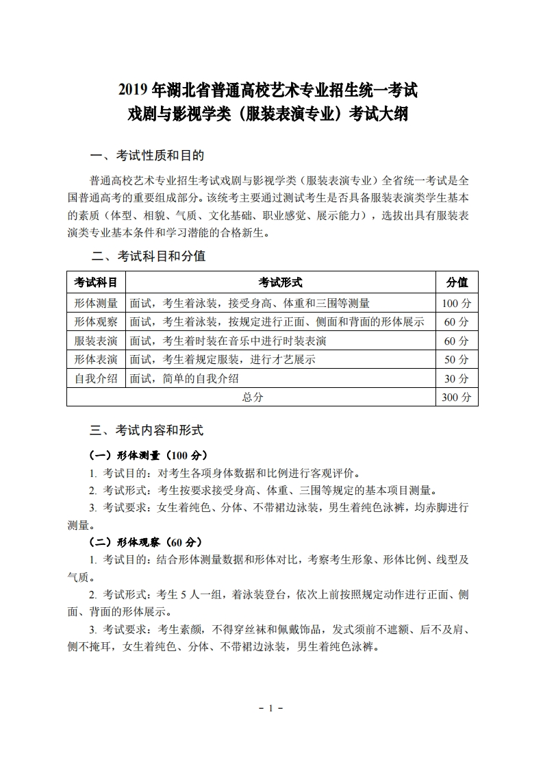 2019年湖北省艺术类统考服装表演专业考试大纲