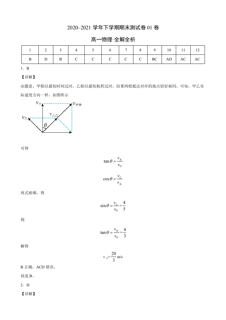 2020-2021学年高一物理下学期期末测试卷（人教版2019）01（全解全析）