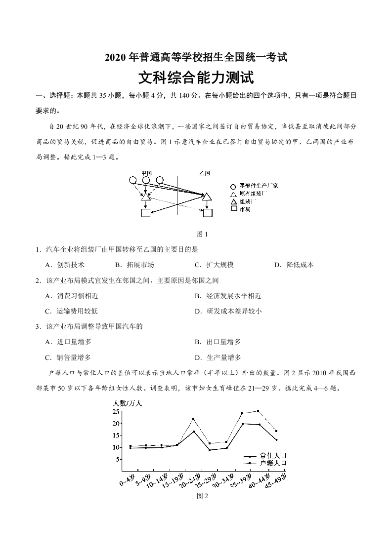 2020年全国卷Ⅲ文综地理高考试题