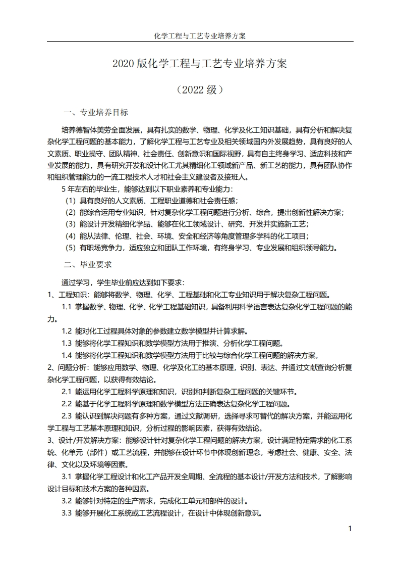 2020版化学工程与工艺专业培养方案022级)一、专业培养目标学、物理，化学及化丁知识基础，具有分析和解决复培养德智体美劳全面发展，具有扎实的类