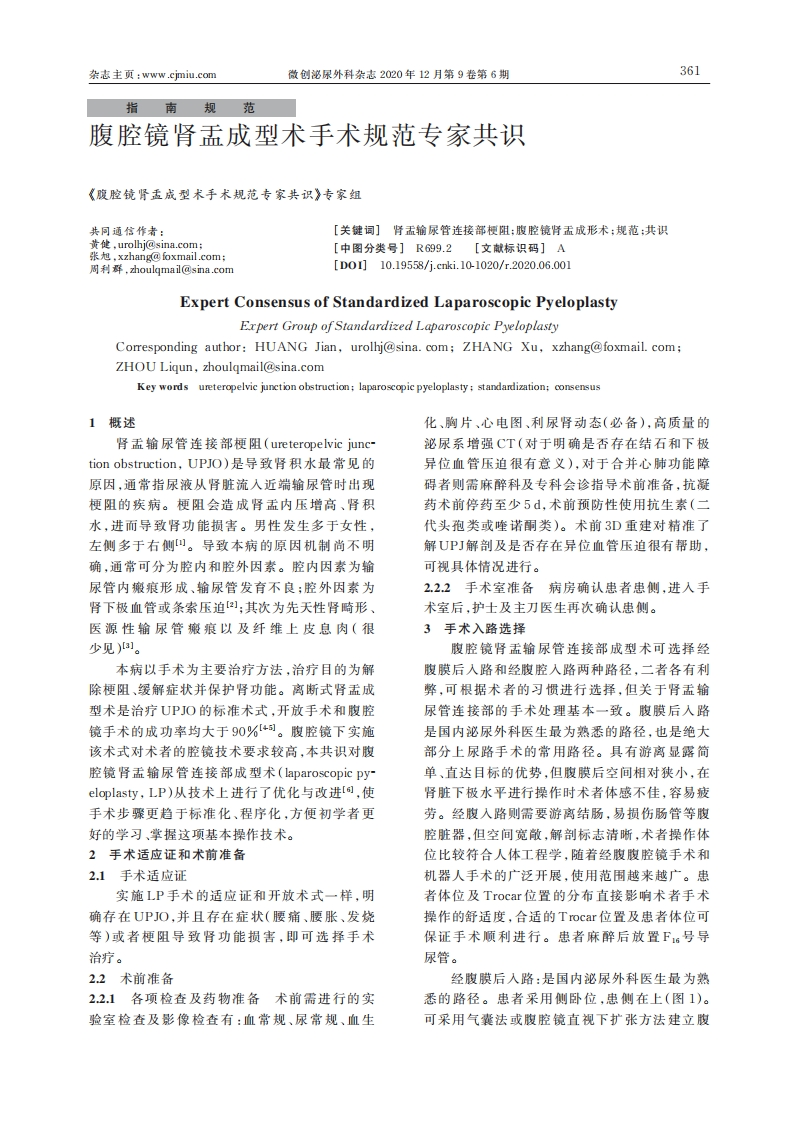 2020腹腔镜肾盂成型术手术规范专家共识