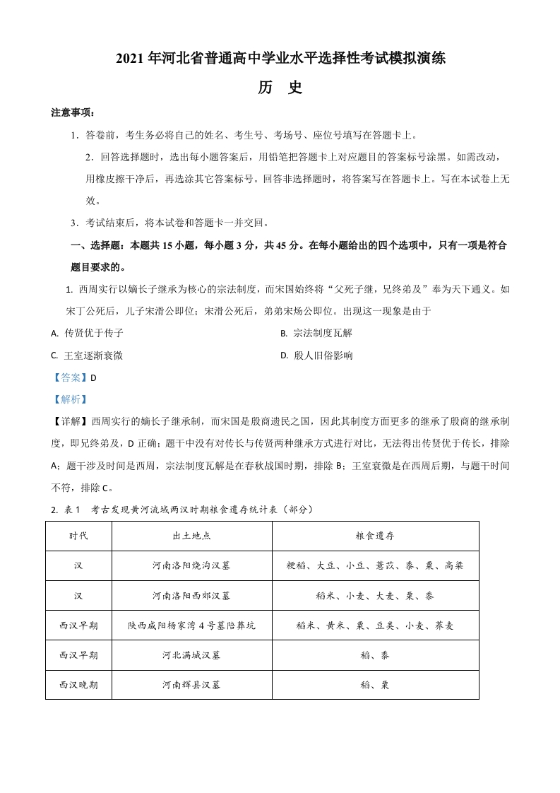 2021年河北省高三普通高中学业水平选择性考试模拟演练历史试题（答案仅供参考）（解析版）