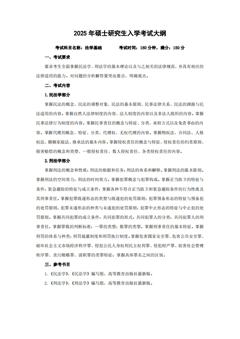 2025年硕士研究生入学考试大纲考试科目名称法学基础考试时间180分钟满分150分