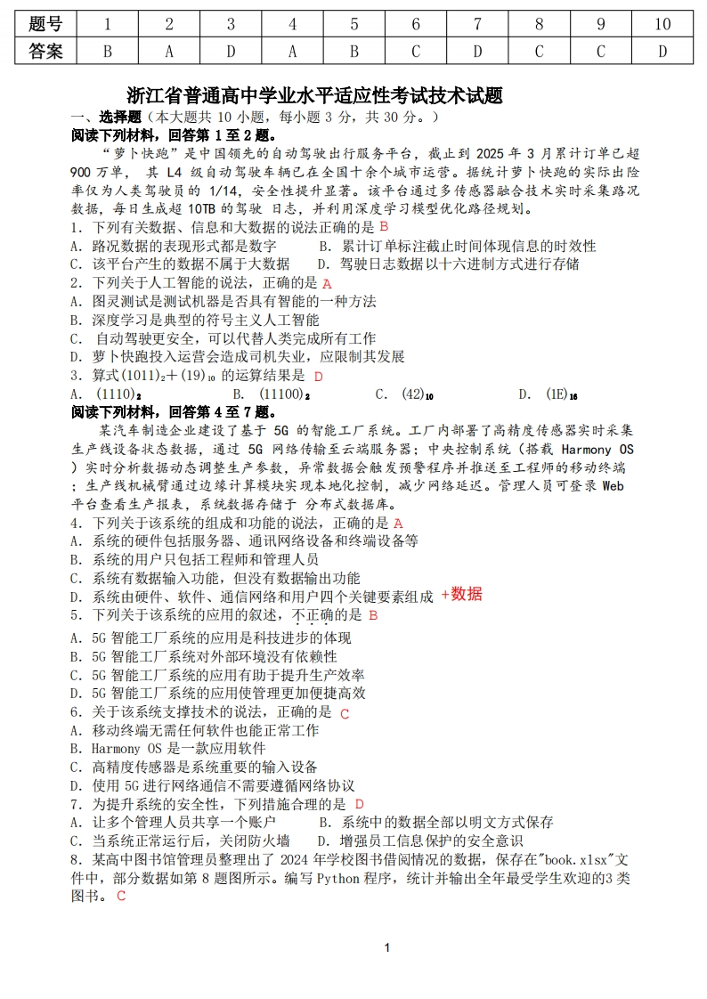 2506学考适应性考试模拟卷（信息）-解析新质力文库 - 聚焦新质生产力发展的数字化知识库_行业洞察 / 理论成果 / 实践指南免费下载新质力文库