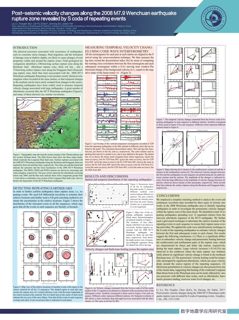 3.12-4Post-seismicvelocitychangesalongthe2008M7.9WenchuanearthquakerupturezonerevealedbyScodaofrepeatingevents_李乐