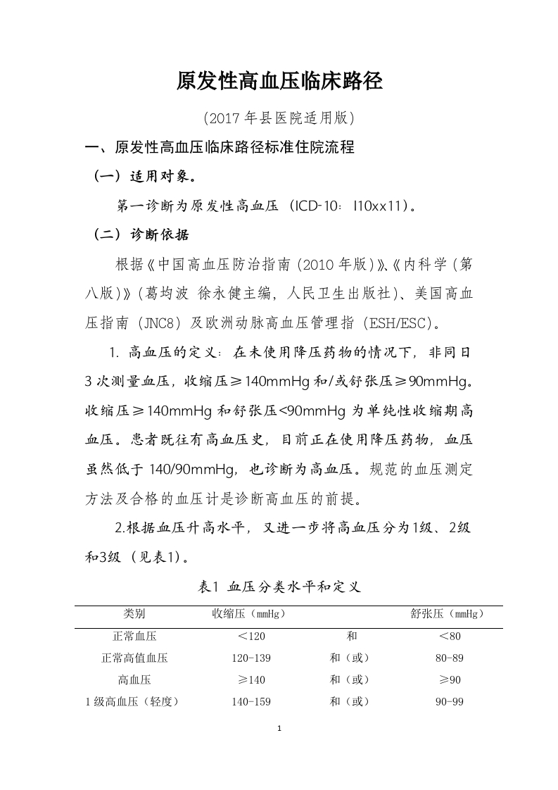 56原发性高血压入院流程诊断标准（2017县医院通用版）