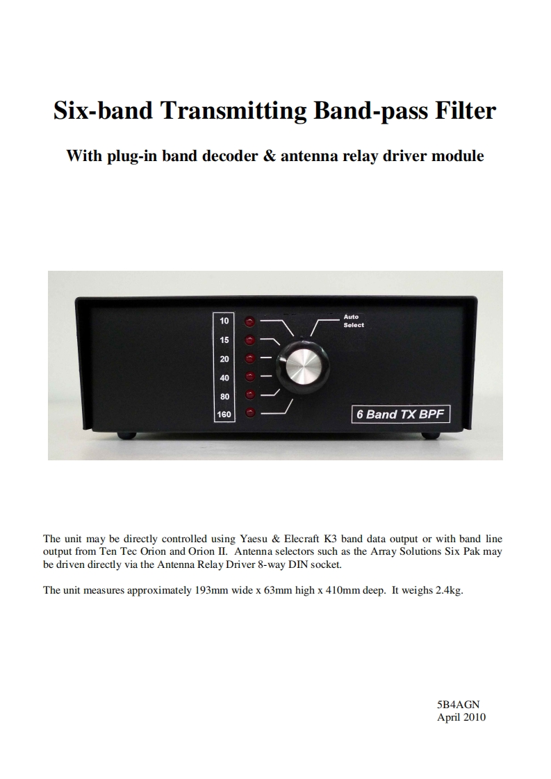 5B4AGN_Six-band_transmitting_band-pass_filter_使用说明书手册