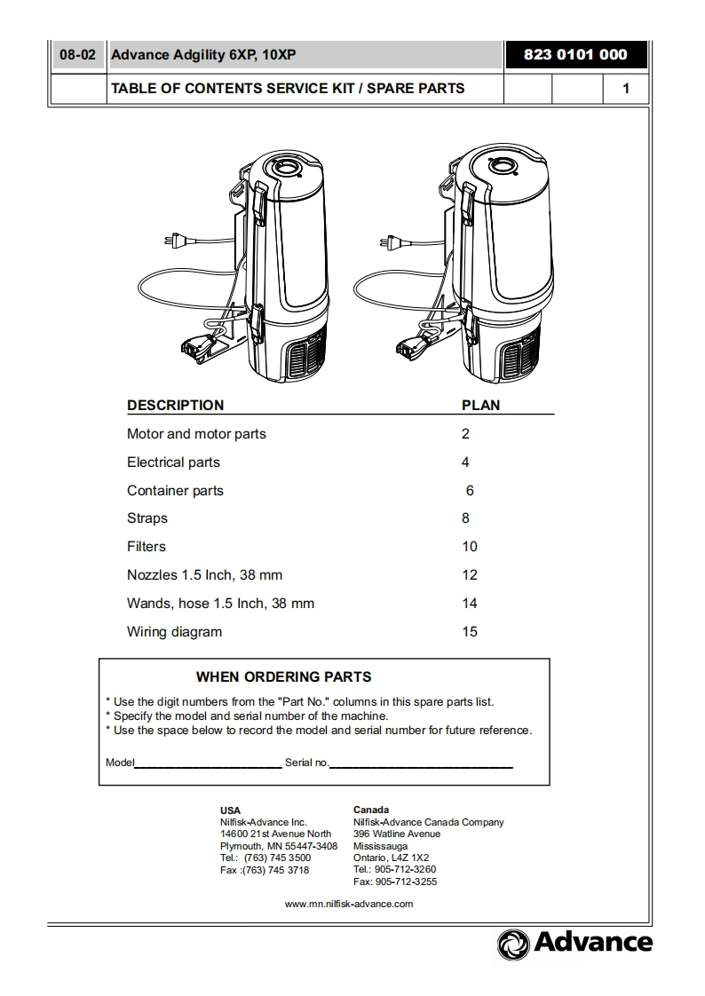 ADVANCE-Advance-Adgility-6XP_10XP_Backpack-Vac_Parts说明书手册含电器原理图