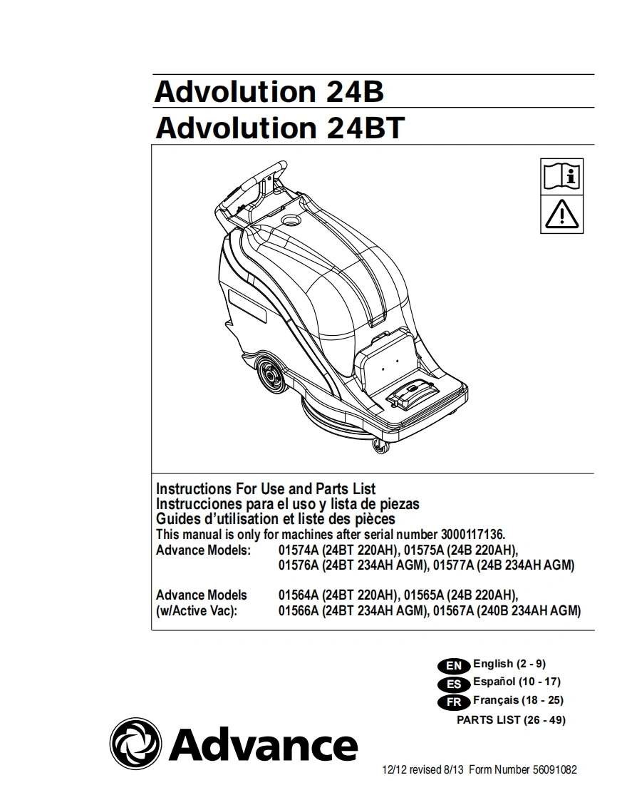 ADVANCE-Advance_Advolution-24B_24BT_Battery-Burnisher_After-SN3000117136_Parts说明书手册含电器原理图