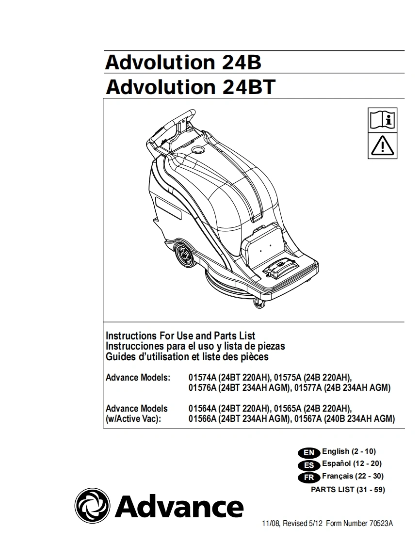 ADVANCE-Advance_Advolution-24B_24BT_Battery-Burnisher_Before-SN3000117137_Parts说明书手册含电器原理图