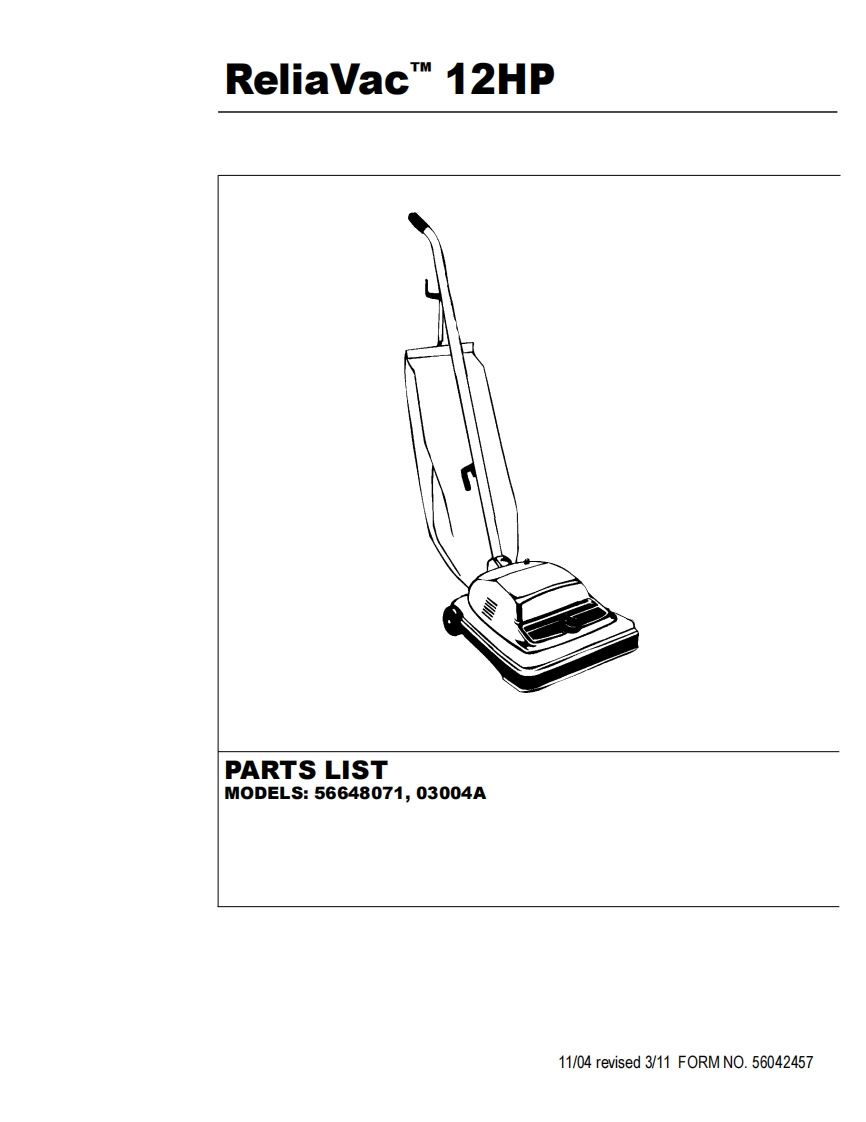 ADVANCE-Advance_Reliavac-12HP_Upright-Vac_Rev-311_Parts说明书手册含电器原理图