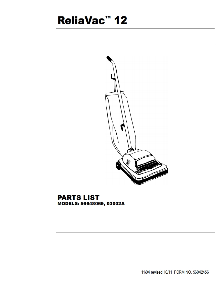 ADVANCE-Advance_Reliavac-12_Upright-Vac_Rev-1011_Parts说明书手册含电器原理图