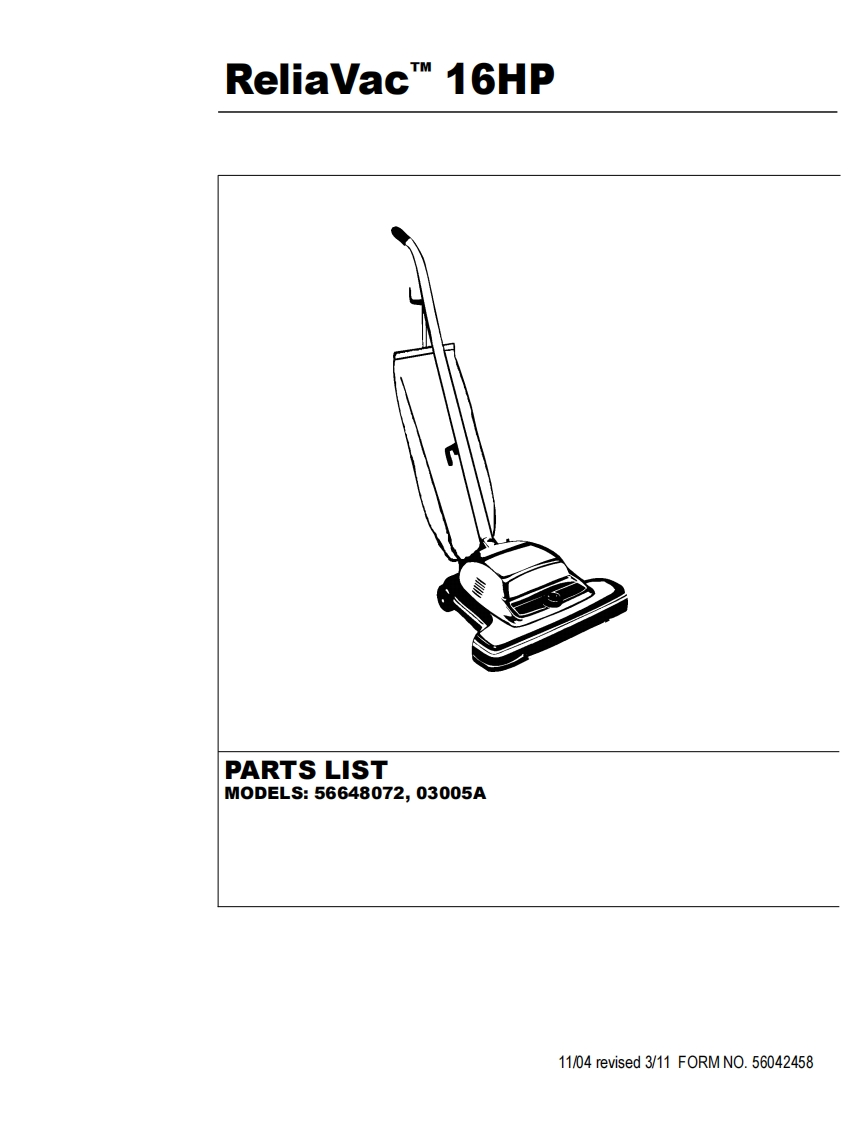 ADVANCE-Advance_Reliavac-16HP_Upright-Vac_Rev-311_Parts说明书手册含电器原理图