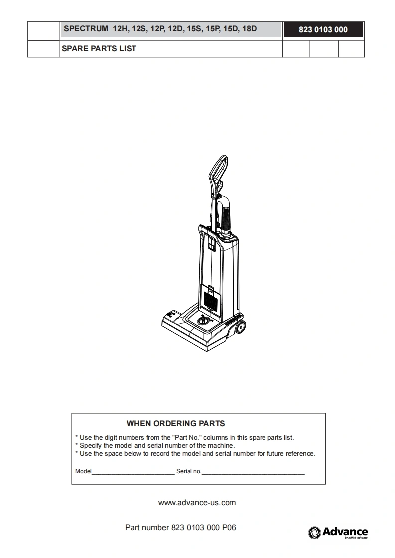 ADVANCE-Advance_Spectrum_12_15_18_Upright-Vac_Parts说明书手册含电器原理图