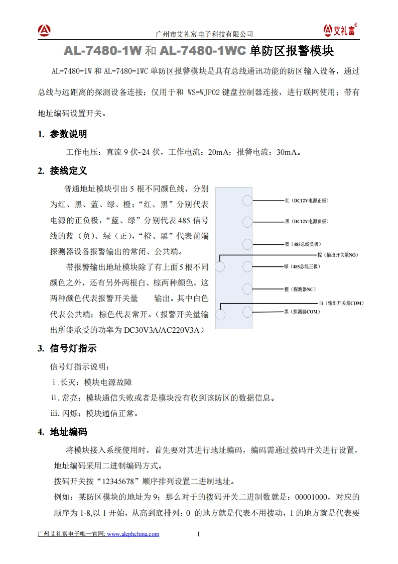 AILIFU艾礼富-AL-7480-1W和AL-7480-1WC单防区模块说明书