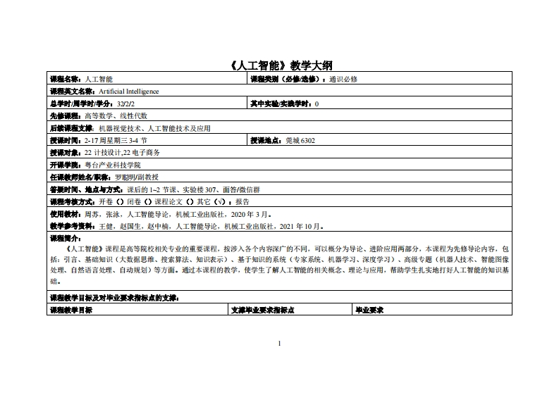 AI人工智能-罗聪明-22级电商计技设计教学大纲