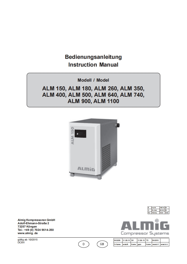 ALMiG-ALM-150-1100-Refrigerant-Dryers-使用说明书手册-2015-10