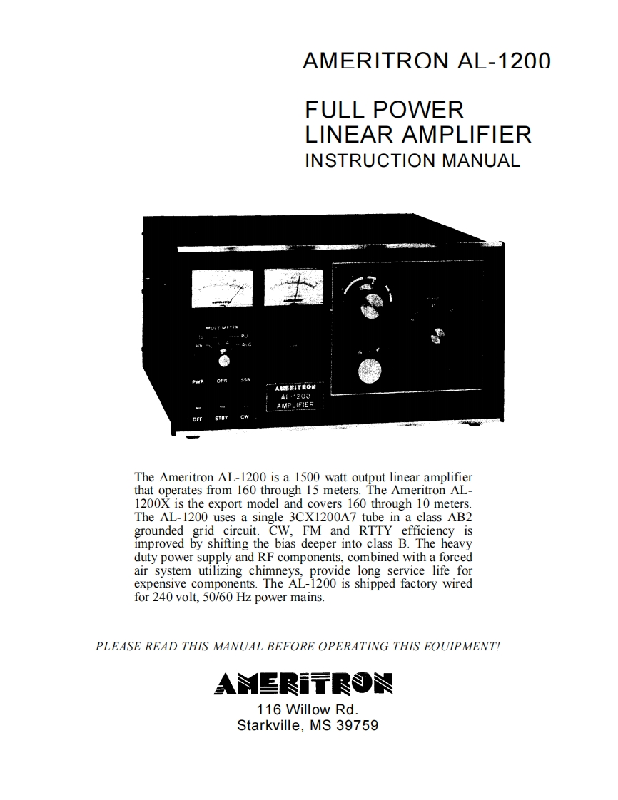 AMERITRON--AL-1200-操作说明书手册