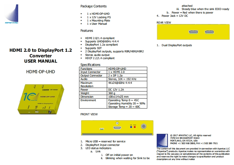 APANTAC-HDMI-DP-UHD-操作说明书手册