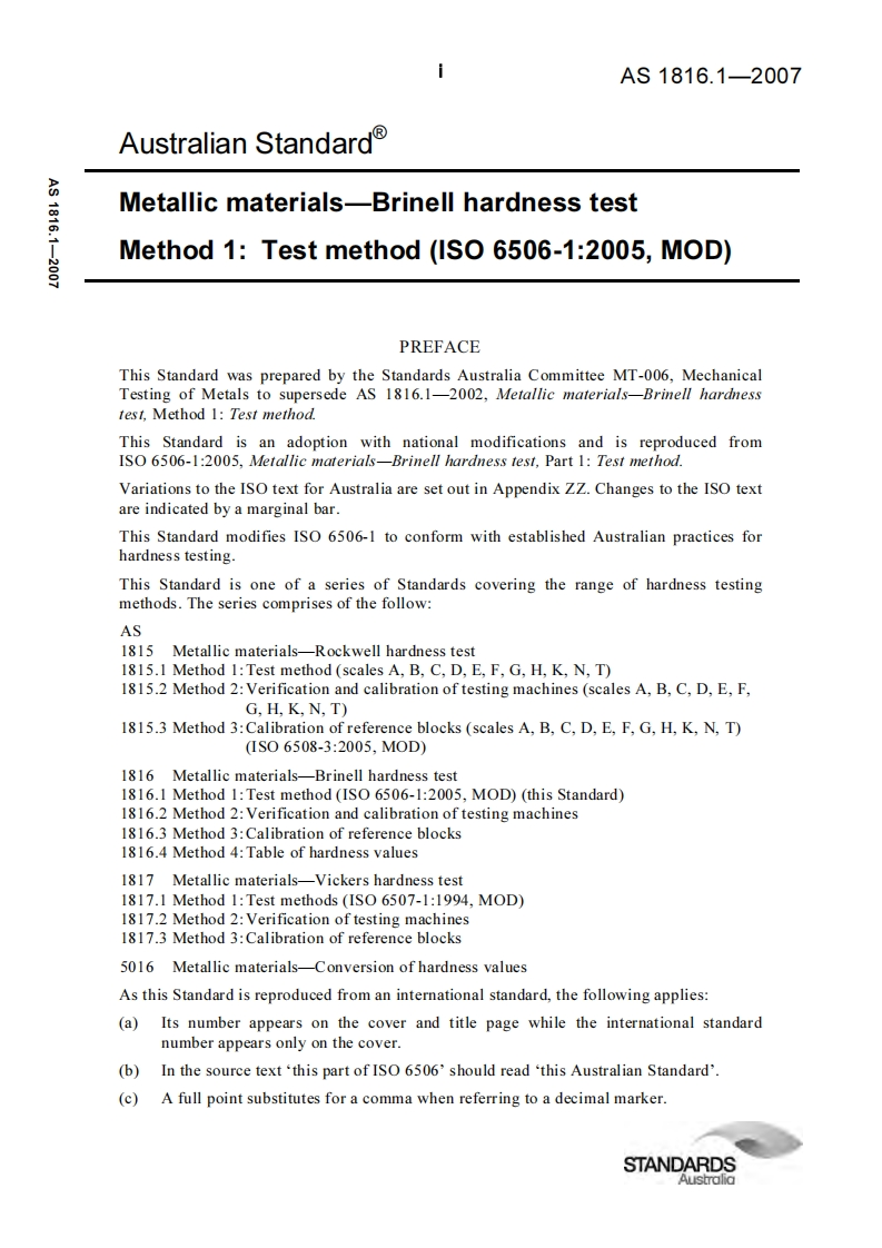 AS1816-2007-ISO-6506-2005-Metallic-materials-Brinell-hardness-test现行标准技术规范