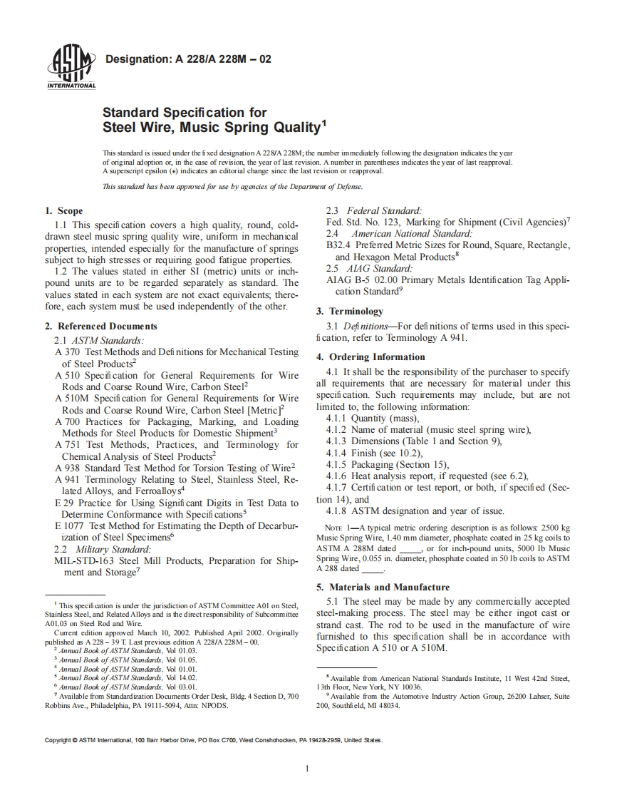 ASTM-A228A-228M-music-spring-steel-wire现行标准技术规范