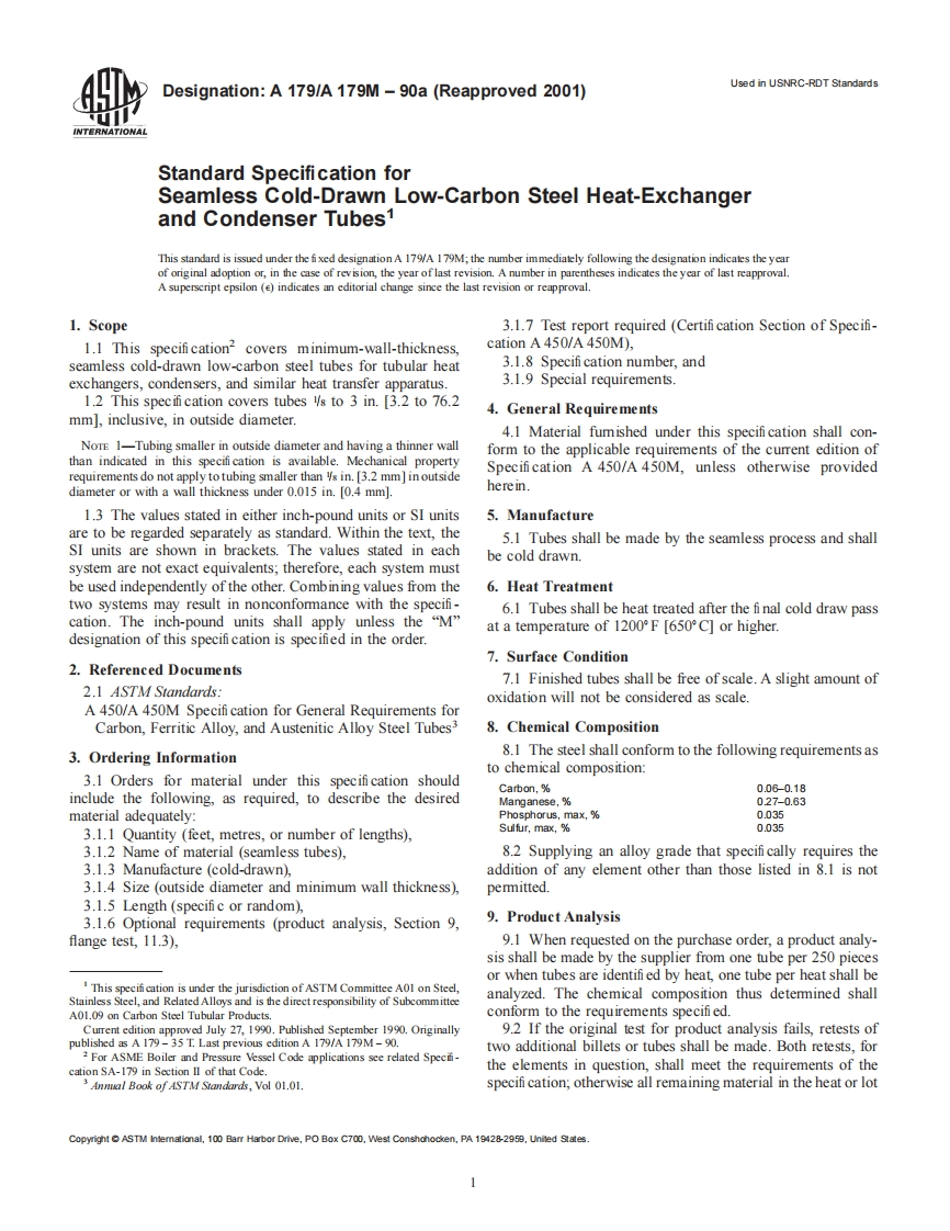 ASTMA179StandardSpecificationforSeamlessCold-DrawnLow-CarbonSteelHeat-ExchangerandCondenserTubes现行标准规范