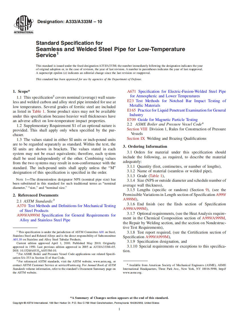 ASTMA333StandardSpecificationforSeamlessandWeldedSteelPipeforLow-TemperatureService现行标准规范