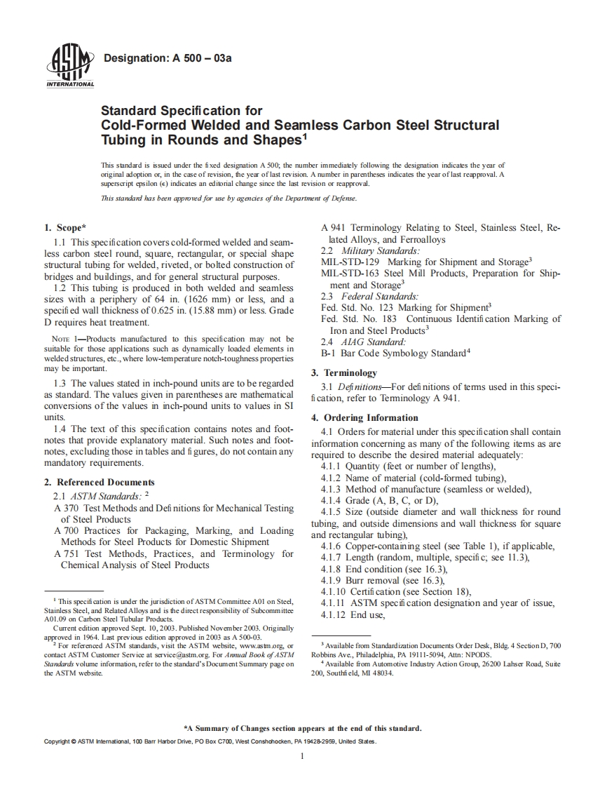 ASTMA500forCold-FormedWeldedandSeamlessCarbonSteelStructuralTubinginRoundsandShapes现行标准规范