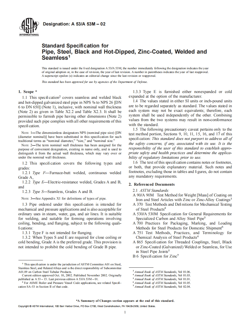 ASTMA53StandardCoversSeamlessandWeldedBlackandHot-dippedGalvanizedSteelPipe现行标准规范