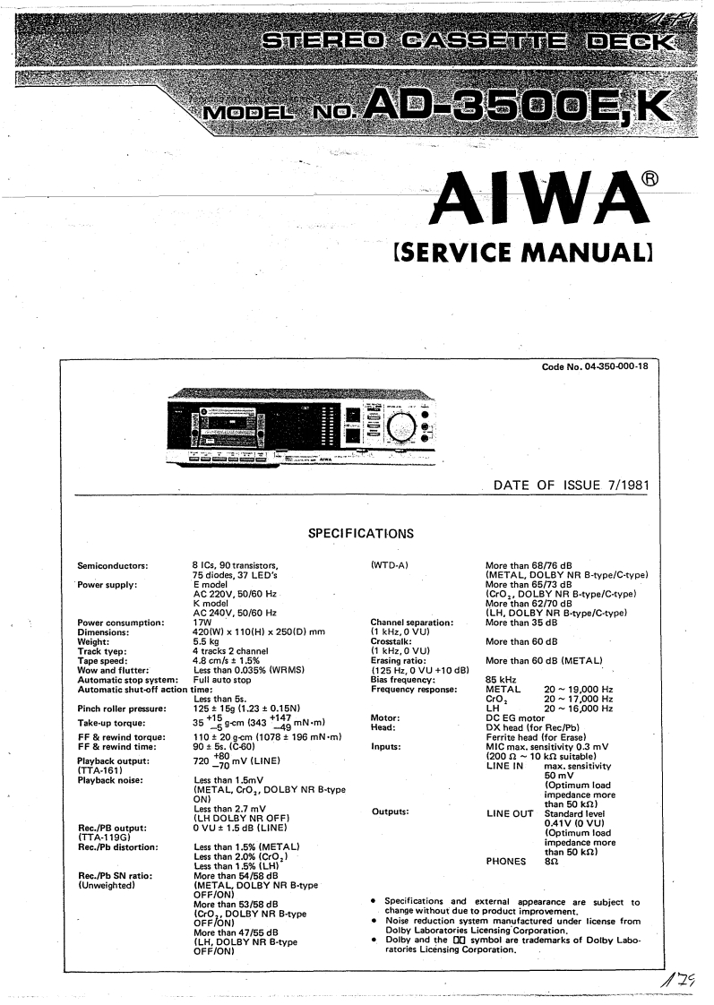 Aiwa-AD3500-tape-维修说明书手册含电器原理图