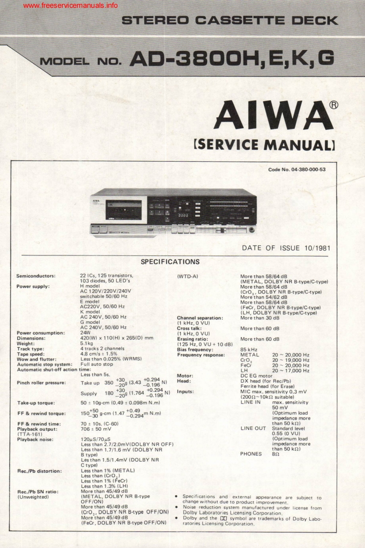 Aiwa-AD3800-tape-维修说明书手册含电器原理图