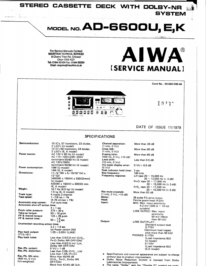 Aiwa-AD6600-tape-维修说明书手册含电器原理图