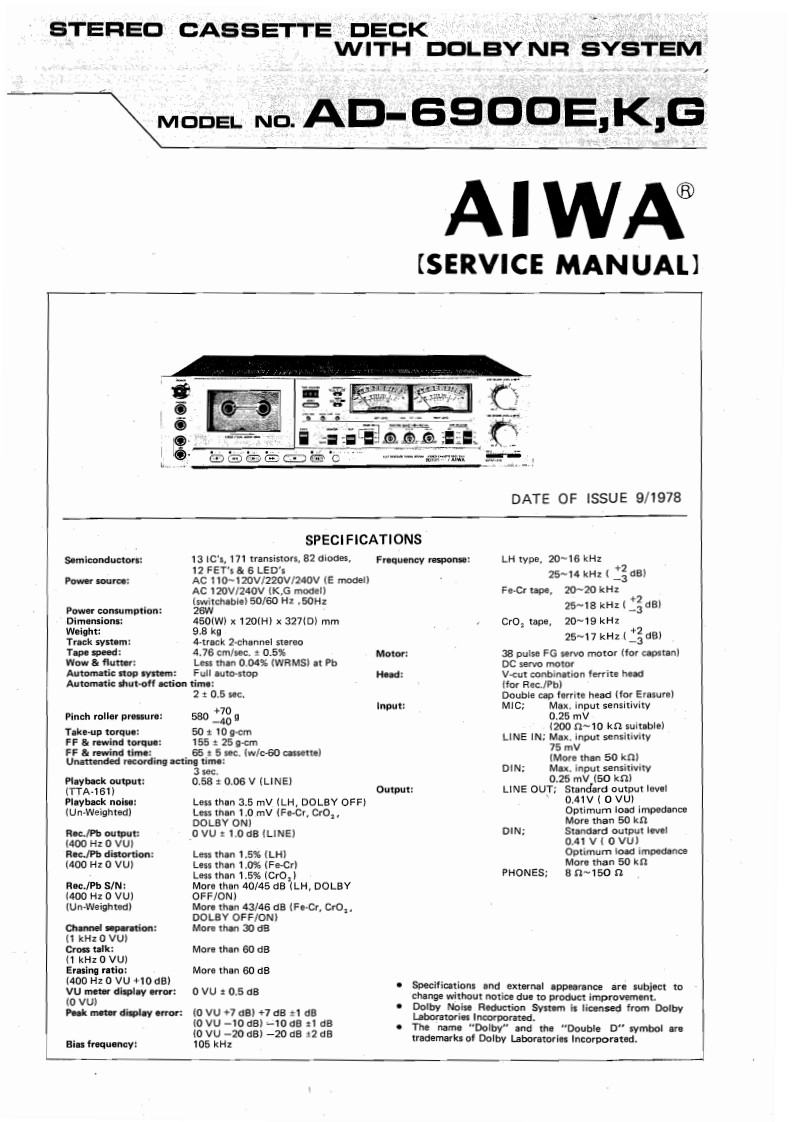 Aiwa-AD6900-tape-维修说明书手册含电器原理图