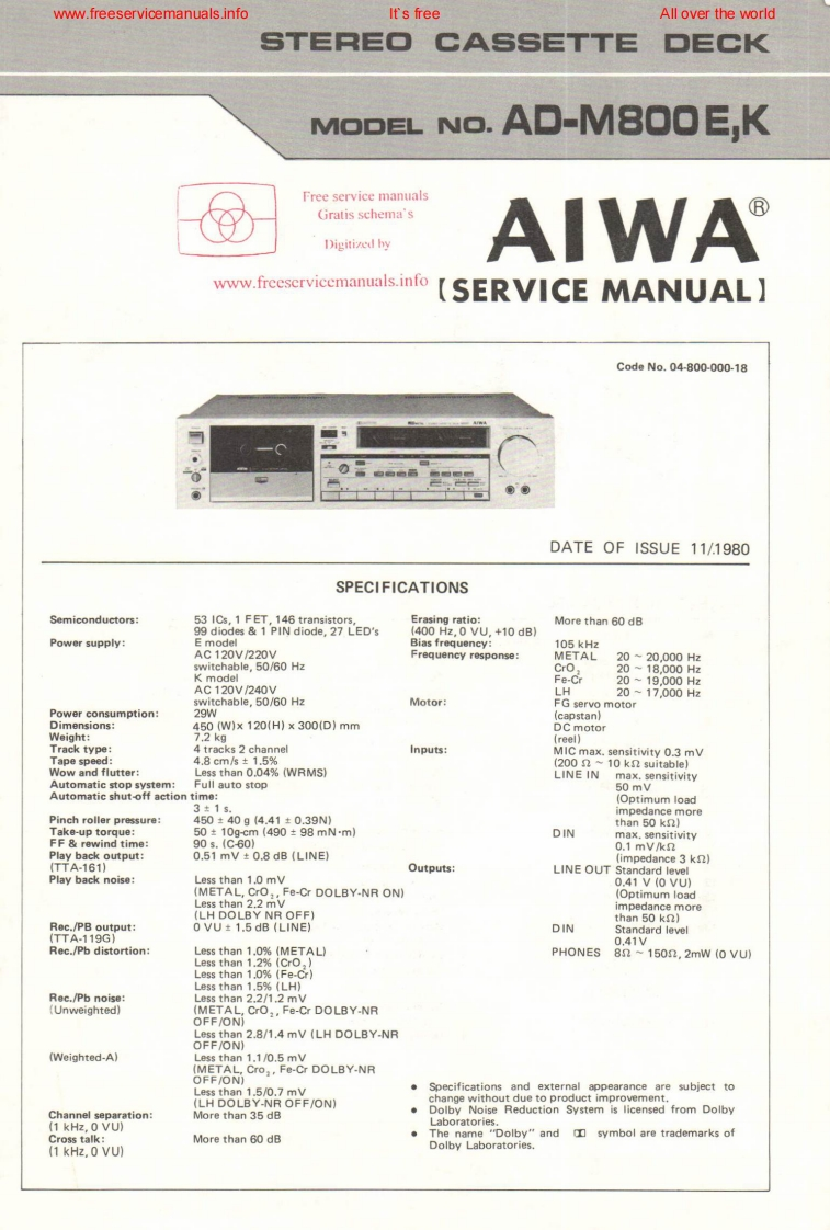 Aiwa-ADM800-tape-维修说明书手册含电器原理图