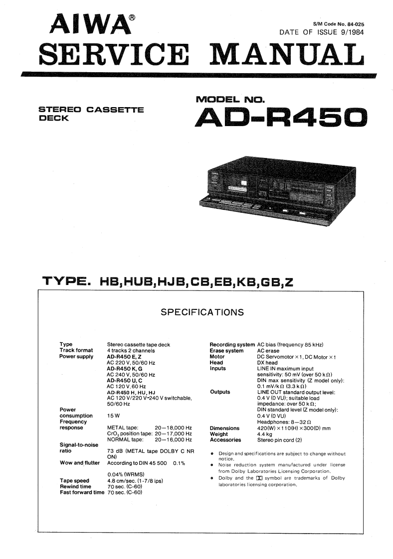 Aiwa-ADR450-tape-维修说明书手册含电器原理图
