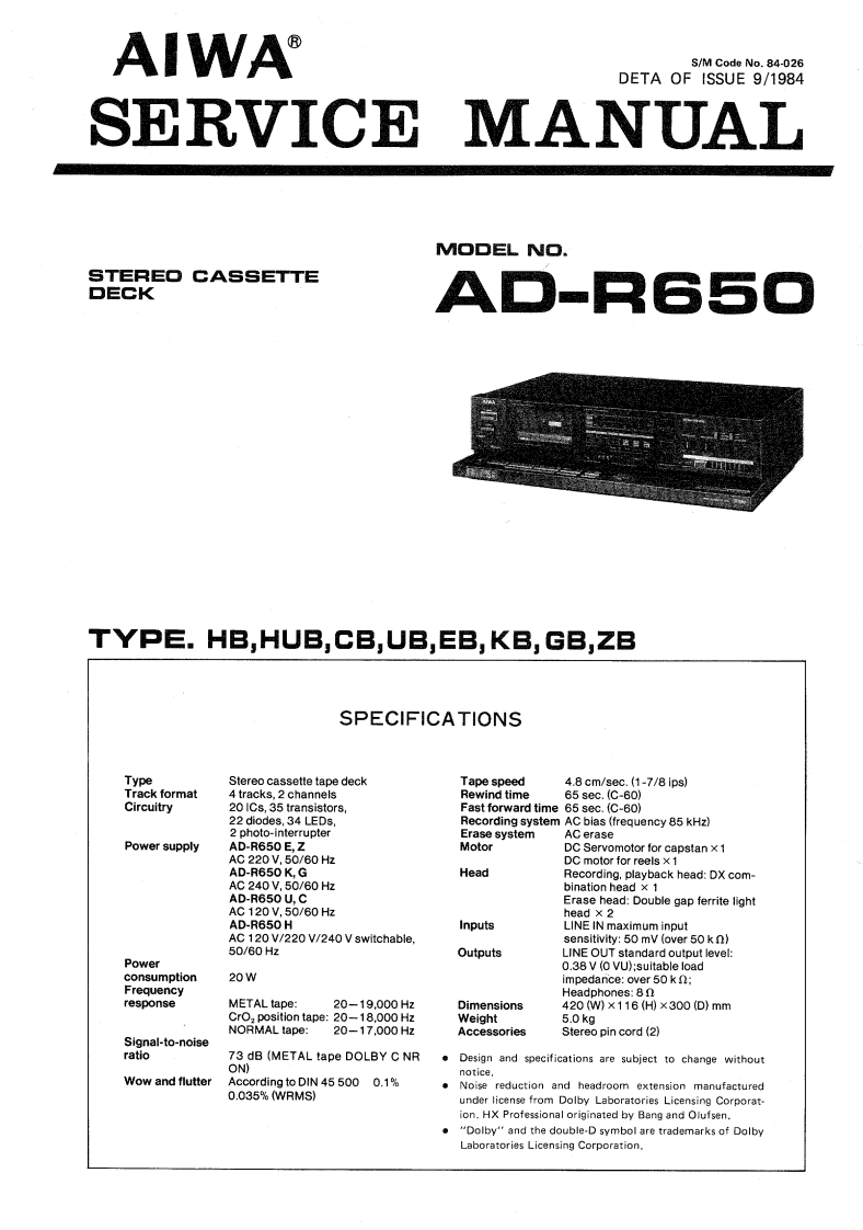 Aiwa-ADR650-tape-维修说明书手册含电器原理图