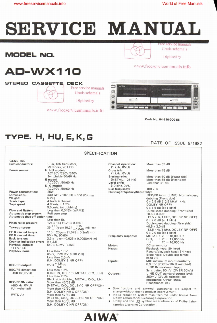 Aiwa-ADWX110-tape-维修说明书手册含电器原理图