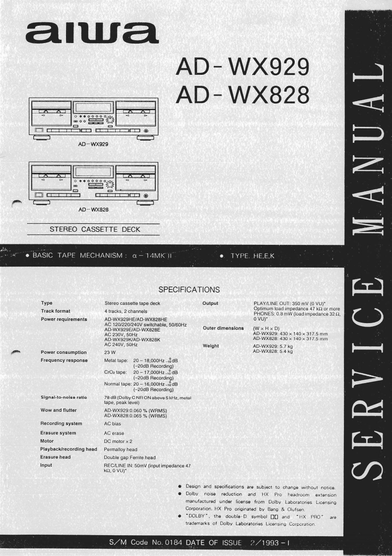 Aiwa-ADWX828-tape-维修说明书手册含电器原理图