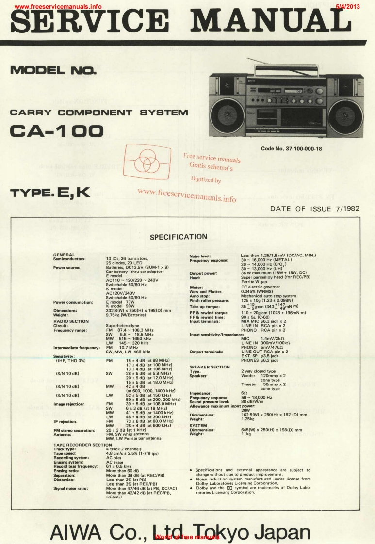Aiwa-CA100-cs-维修说明书手册含电器原理图