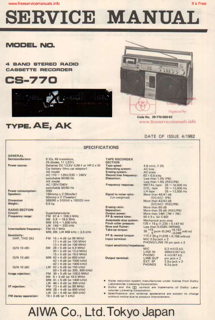 Aiwa-CS770-pr-维修说明书手册含电器原理图