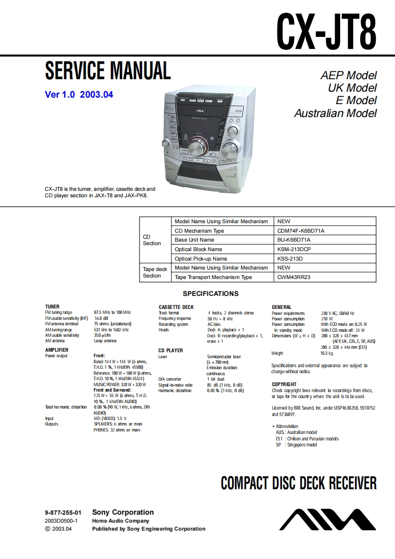 Aiwa-CXJT8-cs-维修说明书手册含电器原理图