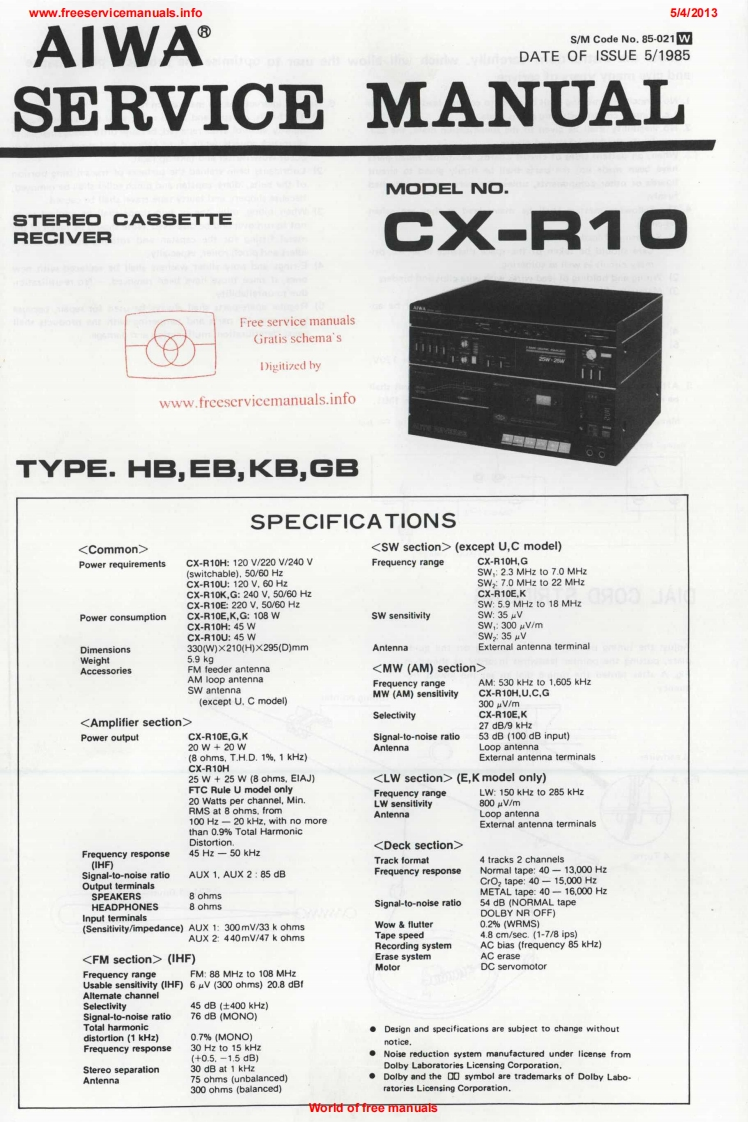 Aiwa-CXR10-rec-维修说明书手册含电器原理图