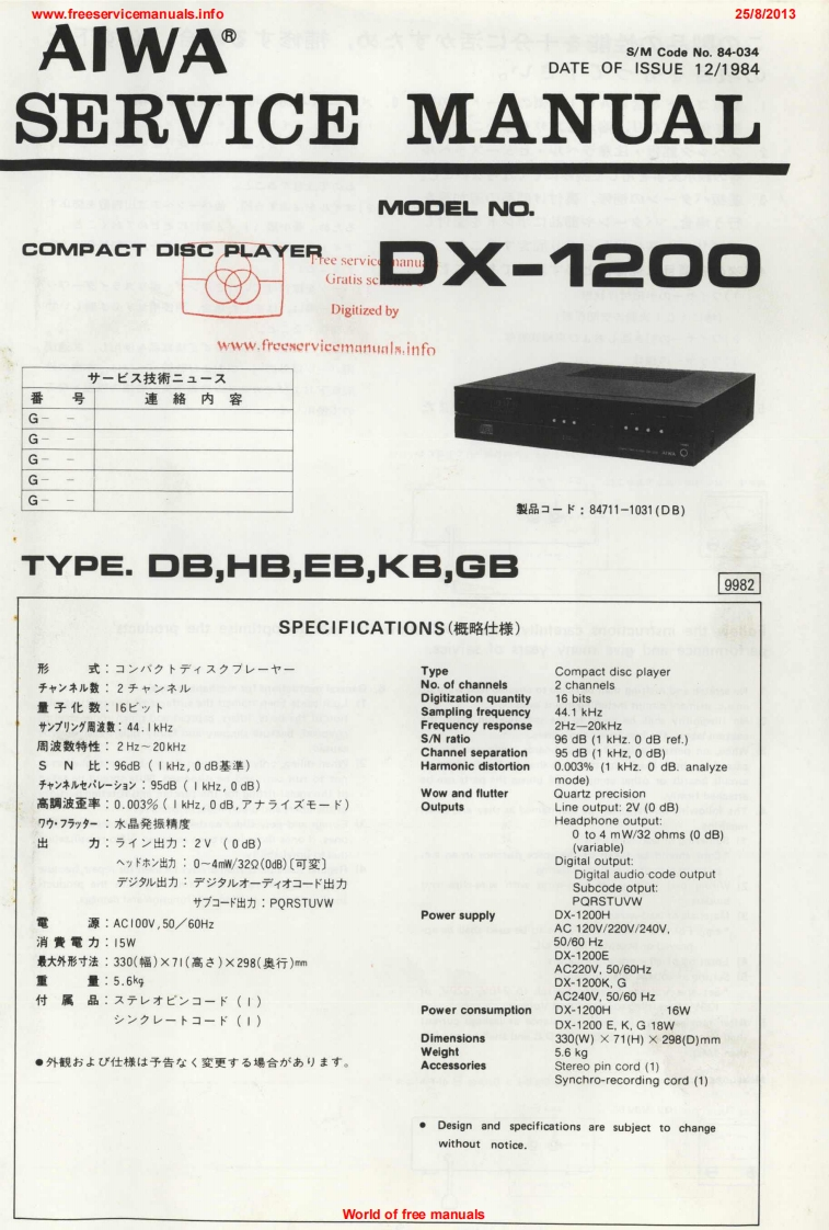 Aiwa-DX1200-cd-维修说明书手册含电器原理图